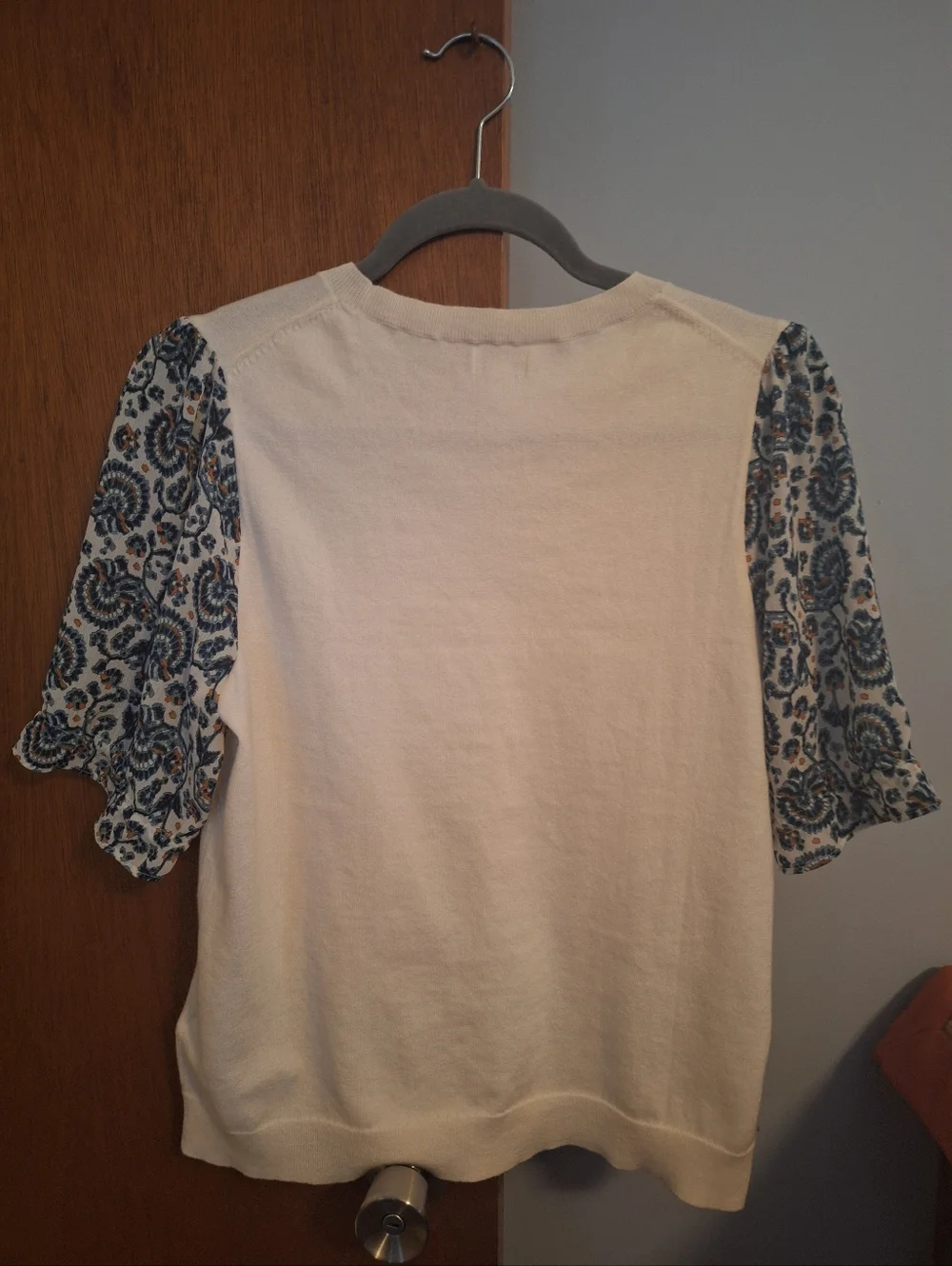 J. Crew Cream Knit Top with Blue Paisley Short Sheer Sleeves Women's Size M